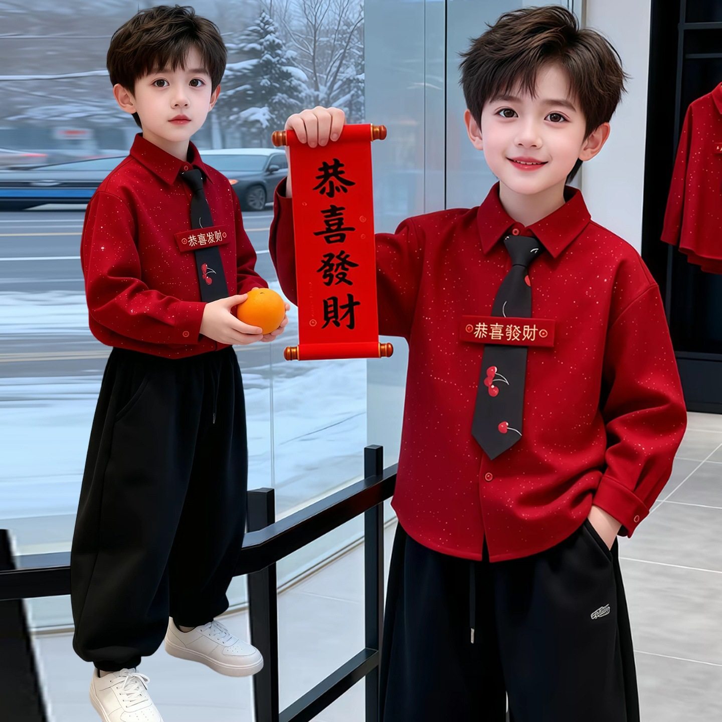 男童红色衬衫拜年服加绒加厚2026新款儿童冬装过年小男孩新年服装