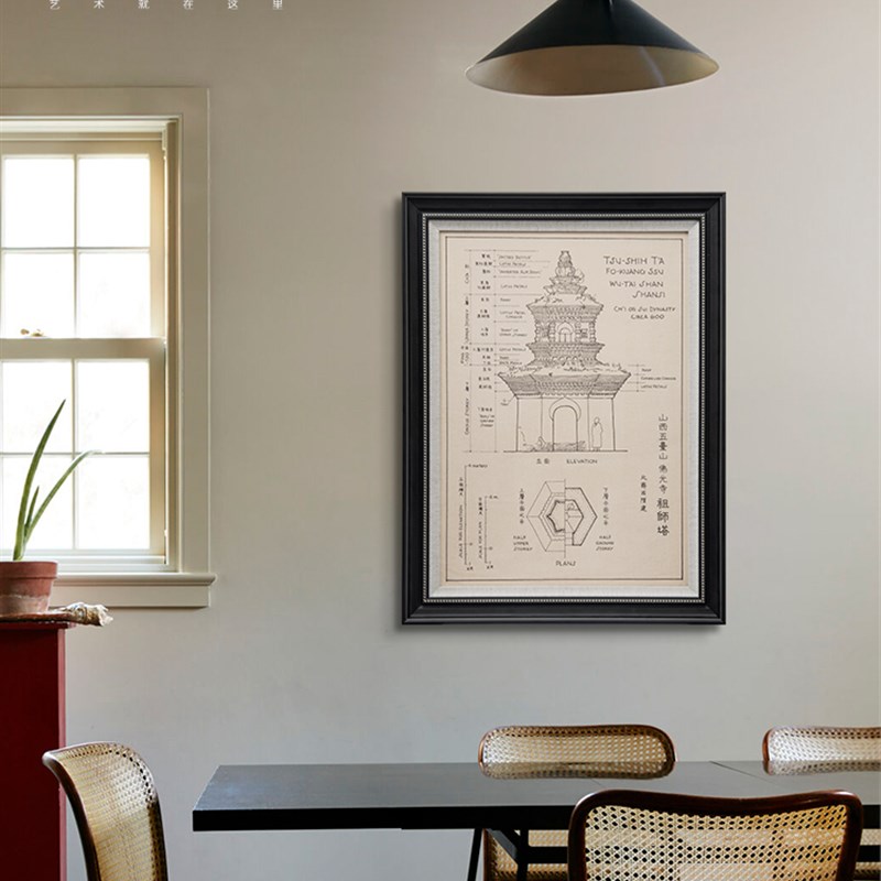 唐代佛塔建筑设计装饰画设计师软装定制中式复古风客厅卧室挂画图片