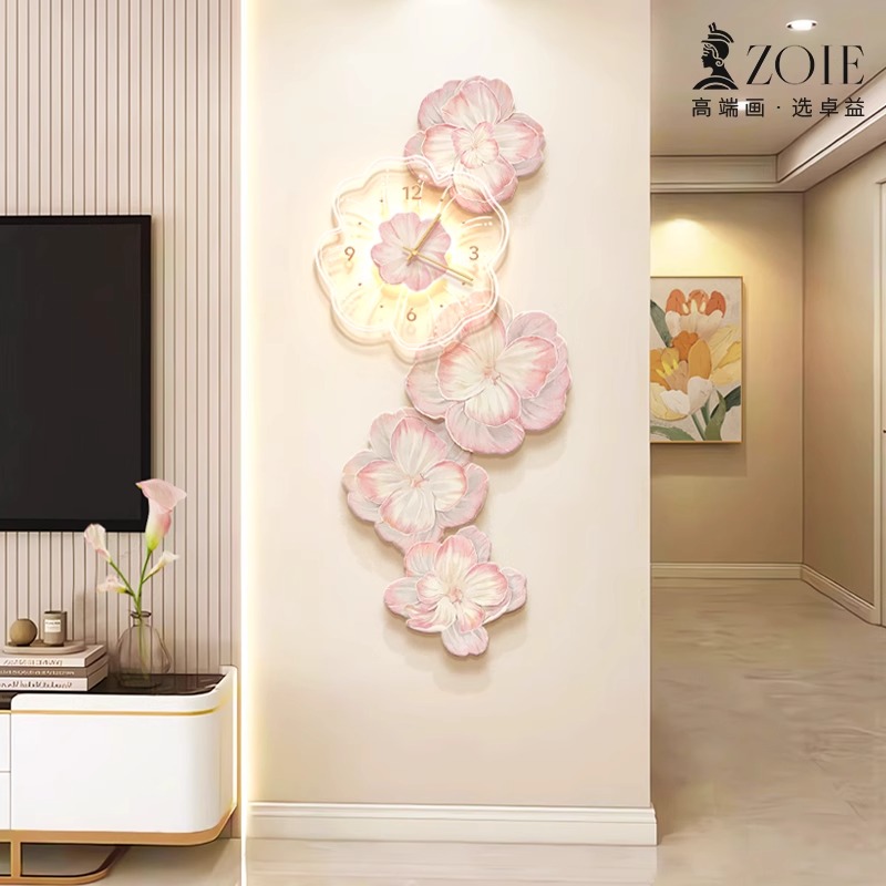 牡丹花电视背景墙装饰画客厅钟表挂钟餐厅创意时钟氛围感壁画壁灯图片