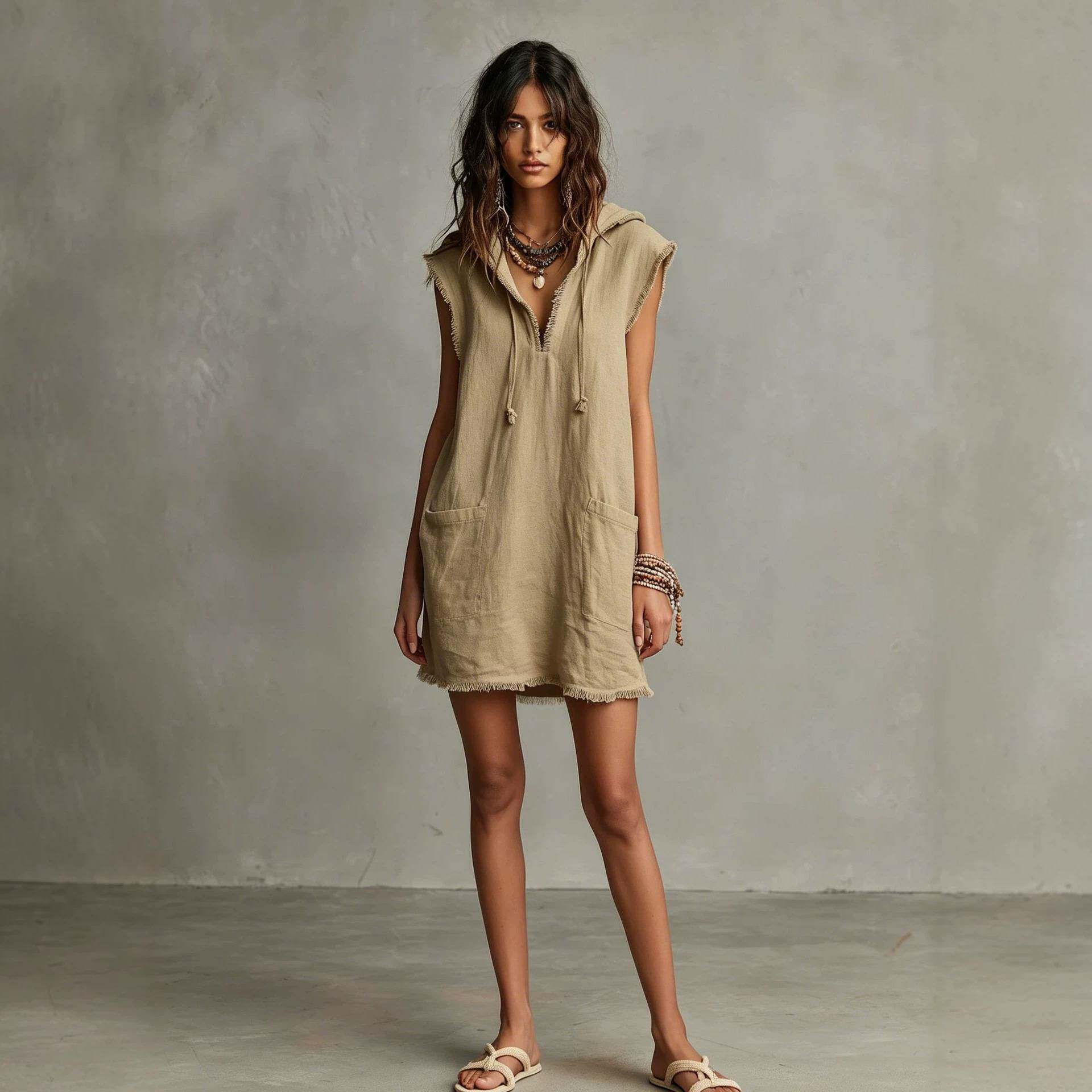 女士V领无袖带帽连衣裙 Women's V-neck sleeveless hat dress