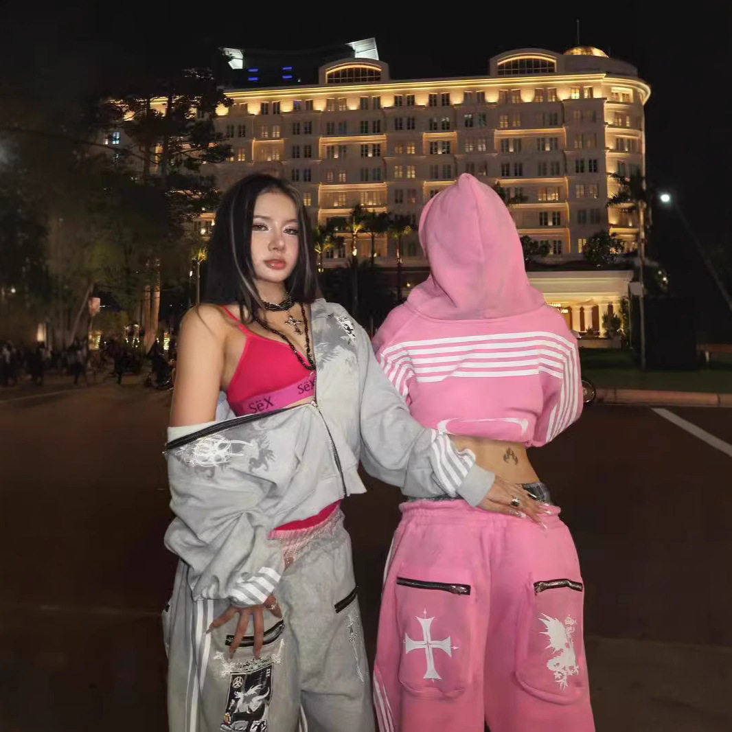 美式辣妹性感欧美印花条纹连帽衫拉链卫衣粉色男女款运动宽松外套