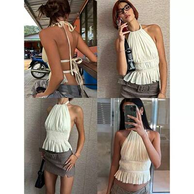 性感雪纺褶皱挂脖后背露背系带背心上衣女 Chiffon backless vest