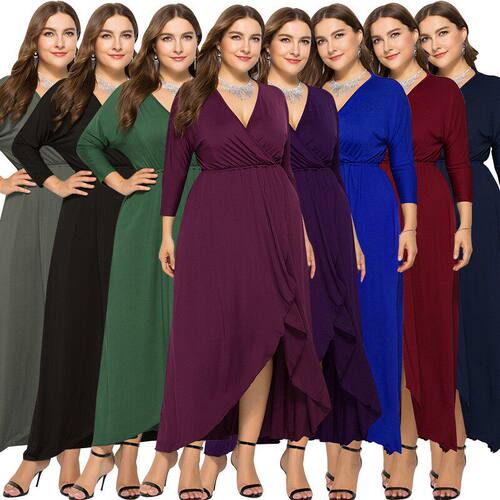 Plus Size Curvy Women V-Neck Batwing Sleeve Maxi Long Dress