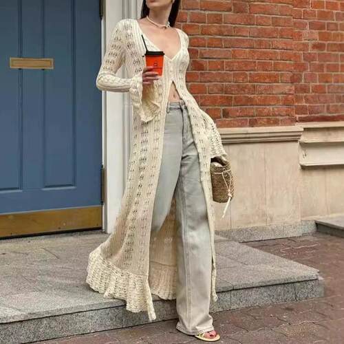 Knitted Dress Women法式度假风镂空毛织外套休闲长款开衫连衣裙