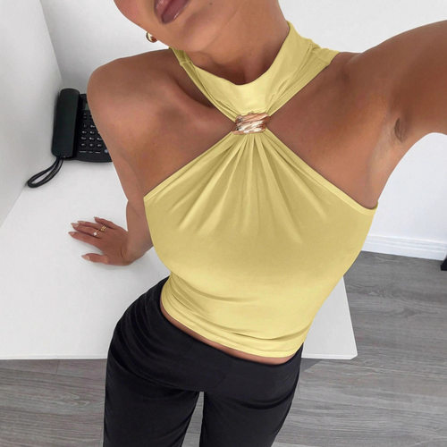 欧美高领金属环无袖露肩弹力修身背心Off shoulder slim fit vest