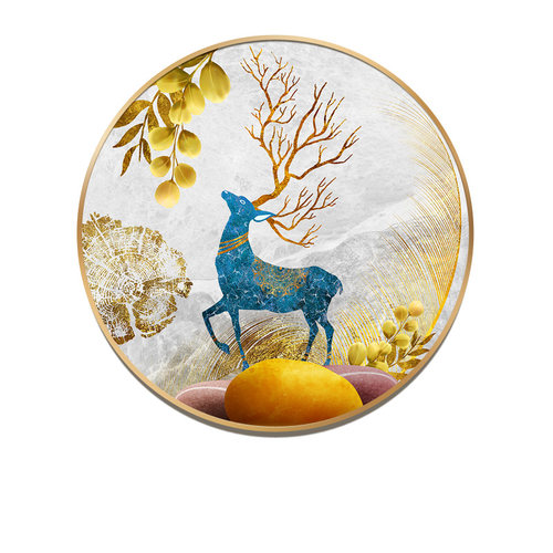 镶钻晶瓷画麋鹿装饰餐厅挂画玄关入户进门圆形新中式客厅寓意好的