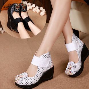 民族风纯皮坡跟单鞋 女鞋 女刺绣镂空凉鞋 大码 春夏季 胖脚妈妈鞋 新款