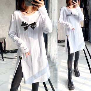 圆领v卷边高开叉字母刺绣棉白T恤高个子打底衫 2021秋冬季 女加长款