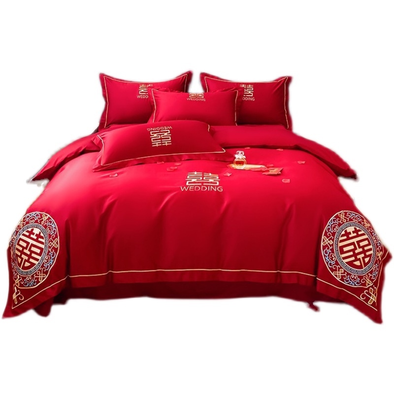 大气中式婚庆四件套全棉大红刺绣被套纯棉红色结婚床上用品婚房