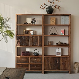 实木博古架展示柜侘寂风茶室置物收纳柜多宝阁茶杯架老木简约书架