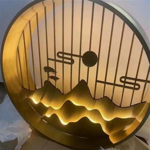 爆品不锈钢圆形假山屏风隔断嵌入式铝雕金属格栅新中式玄关客厅品