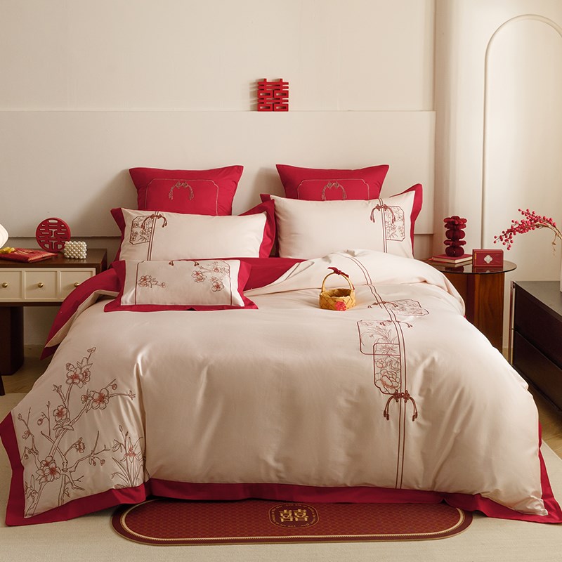 中式婚庆四件套120S长绒棉纯棉被套结婚喜庆陪嫁全棉床单床上用品