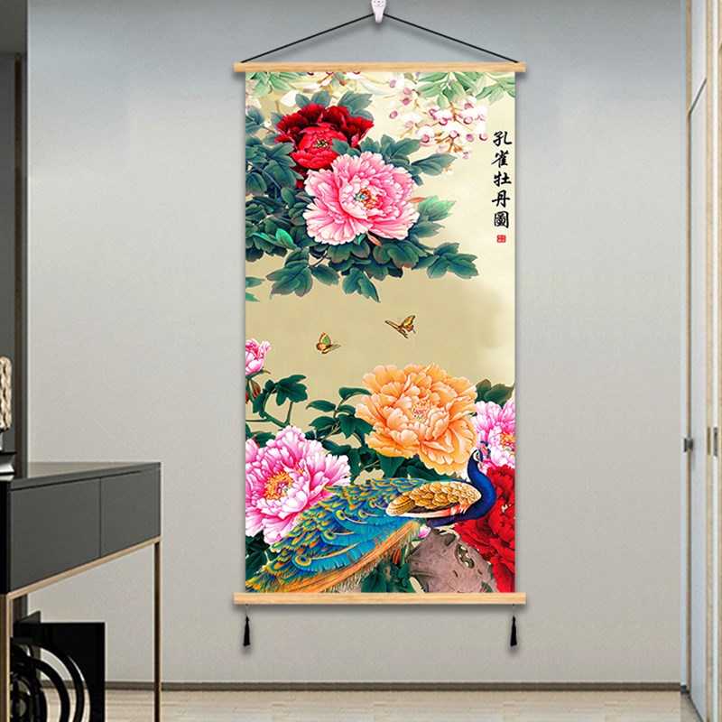 花开富贵布艺挂画客厅民宿玄关装饰画走廊书房牡丹免打孔墙画遮挡图片