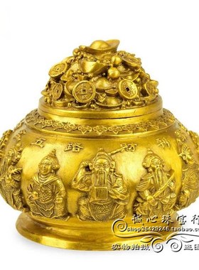 纯铜带盖聚宝盆摆件五路财神聚宝金G盆大小号家居工艺装饰礼品