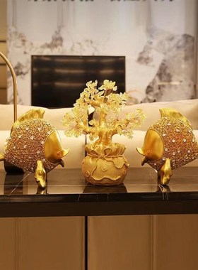 黄水晶摇钱树聚宝盆发财树招财摆件办公室店铺酒柜装饰品开业礼品