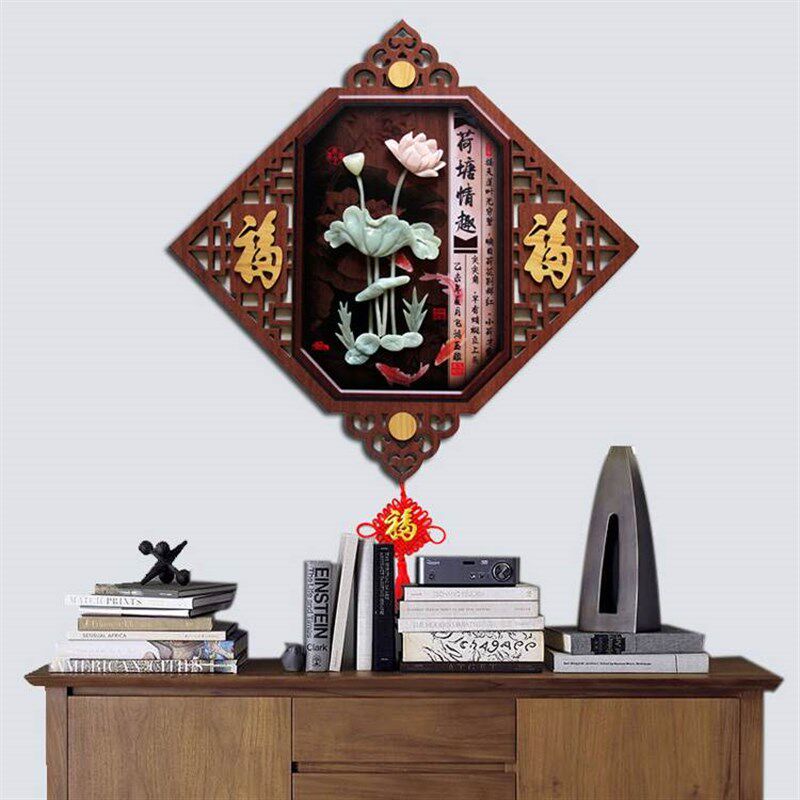 中式客厅装饰画无框 玉雕画 立体浮雕画 菱形玄关壁挂画木雕挂件