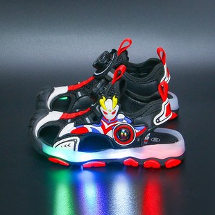男宝凉鞋带灯纽扣男童凉鞋亮灯鞋夏季儿童旋转扣发光包头凉鞋男孩