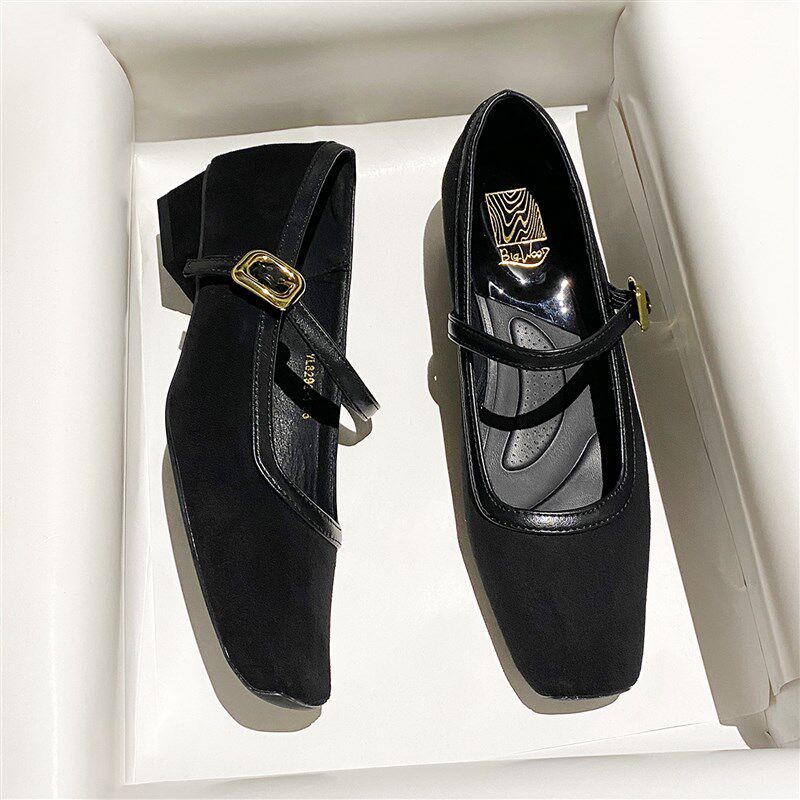 黑色绒面一字带高跟鞋女2025年春秋新款法式粗跟T方头通勤职业单