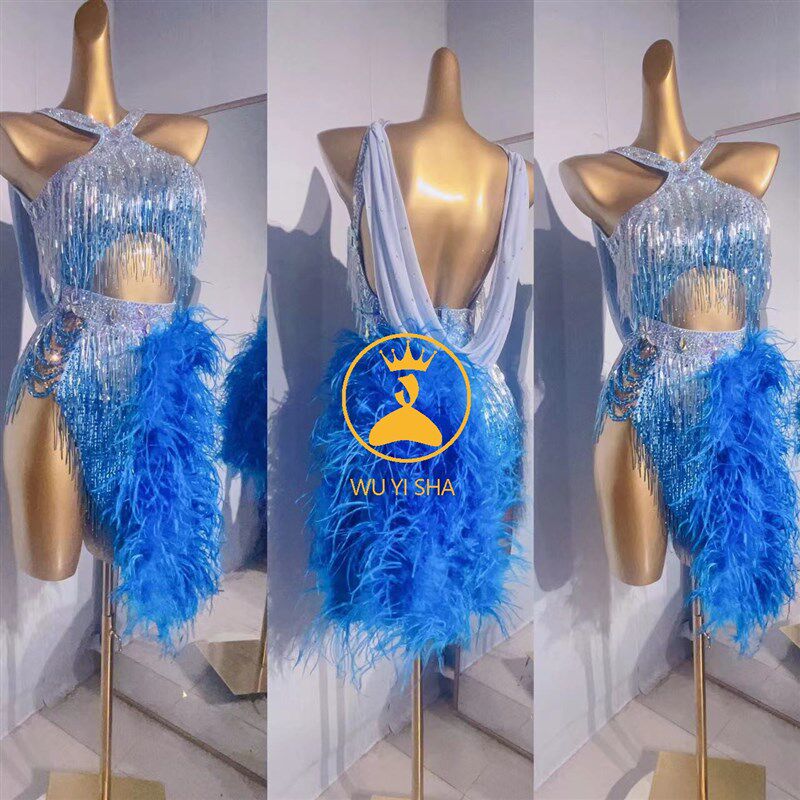 驼鸟毛拉丁舞服专业比赛服满钻蓝色舞蹈服成人M女儿童定制赛服236