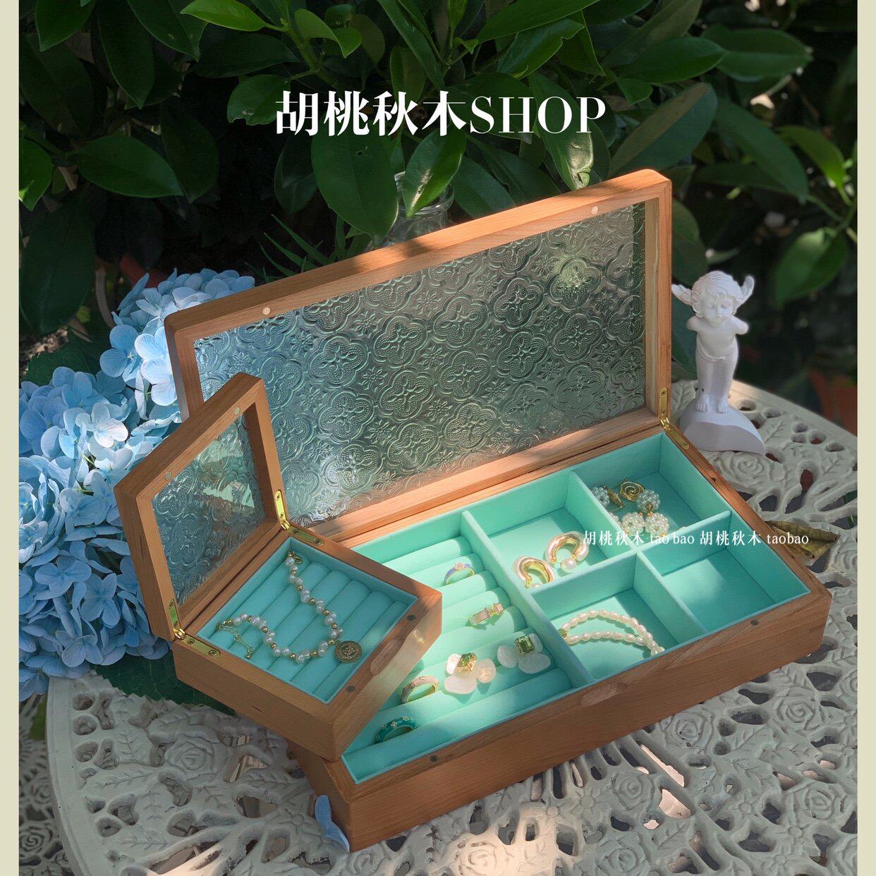 木质海棠压花玻璃首饰盒收拾z收纳盒玻璃实木礼物家用卧室珠宝盒