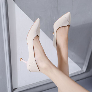 软皮ol职场工作鞋 职业单鞋 女2025夏通勤高跟鞋 一脚蹬白a色小皮鞋