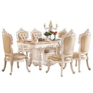 奢华欧式 六椅组合 大理石餐桌储物长方形实木雕花天然饭厅一桌四