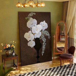 中古风实木花卉漆画客厅玄关背景装饰画办公室肌理感挂画民宿壁画