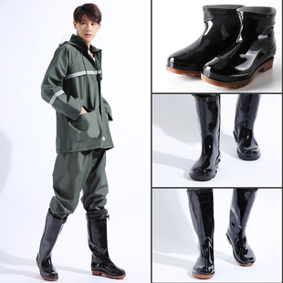 低帮牛筋底防滑塑胶棉鞋 耐磨工作水靴短筒套鞋 男士 保暖中高筒雨鞋