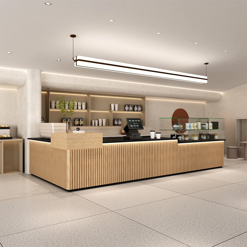 原木色吧台收银台简约现代奶x茶店甜品蛋糕店柜台咖啡厅前台接待