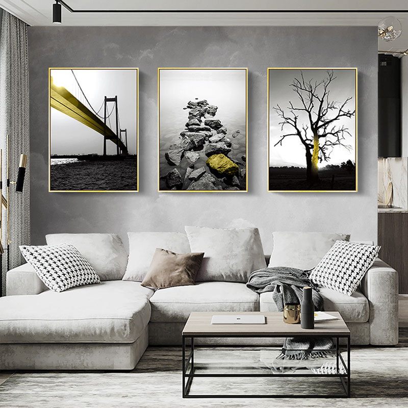 现代简约空间设计装饰画 客厅艺术人物金色三联挂画山水风景壁画