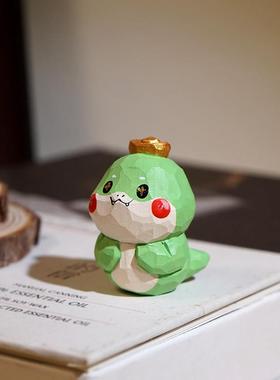 发财蛇手工木雕小摆件卡通可爱办公室工位电脑桌面装饰品新年礼物