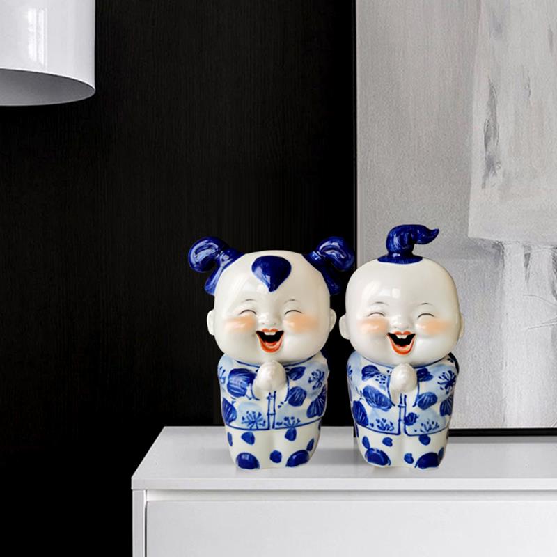 景德镇陶瓷青花瓷器娃娃家居客厅摆设中式摆件工艺品结婚礼物礼品