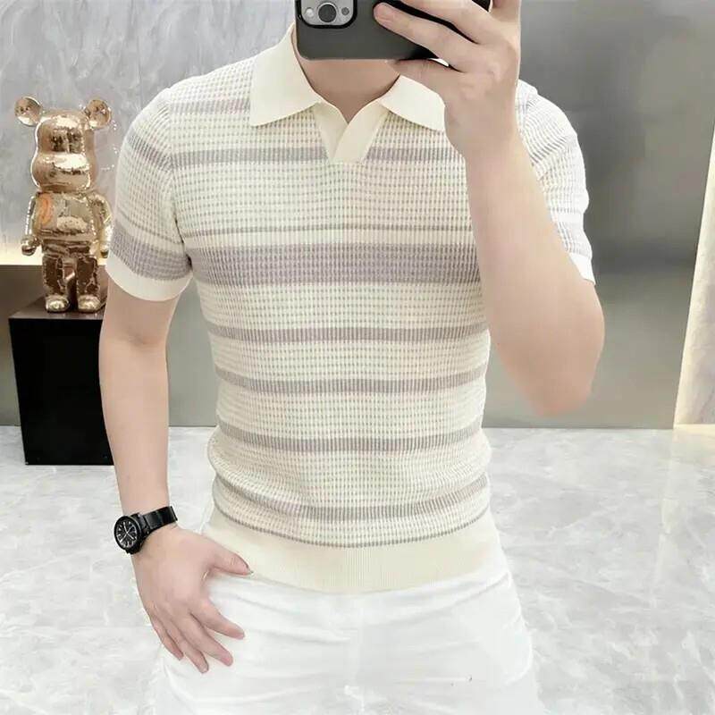 宁珀轻奢男装2026新款N早春j针织短袖男P条纹修身翻领Q半Q袖T恤打