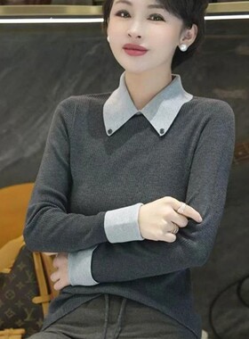 唐兮翻领大码加厚针织衫女2025春秋冬新款高级感气质打底衫上衣