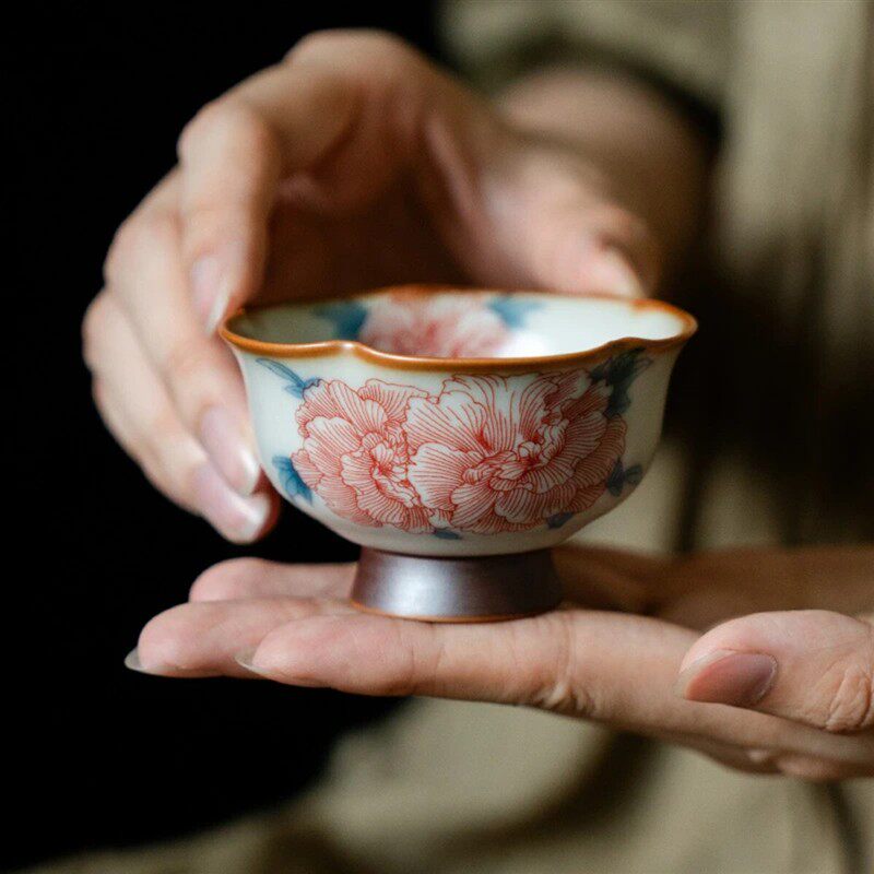 汝窑芙蓉花高足花瓣杯新中式陶瓷女士个人家用品茗杯功夫茶单杯