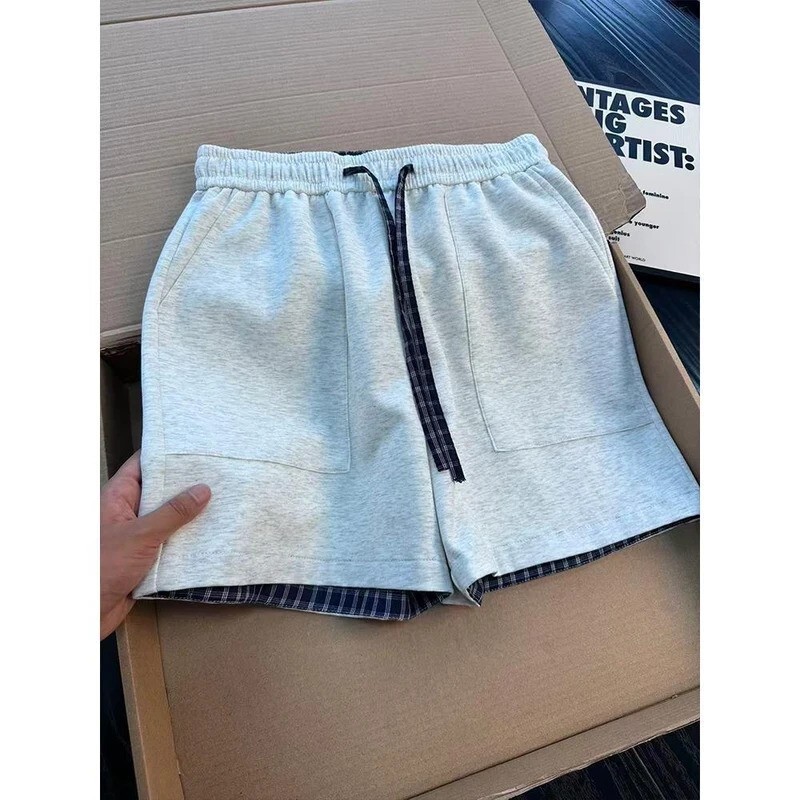 师凯服饰美式拼接格子四分短裤男夏薄款设计感运动跑步