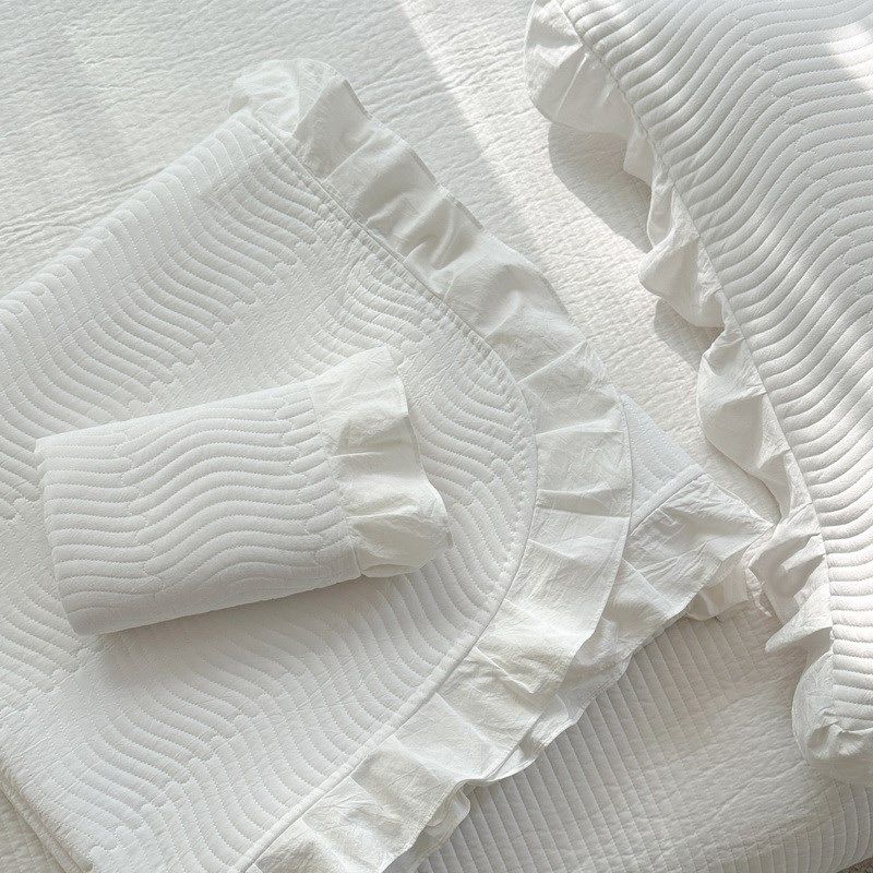 韩式花边全棉水洗棉床盖三件套白色夹棉纯棉加厚床单纯色公主床品