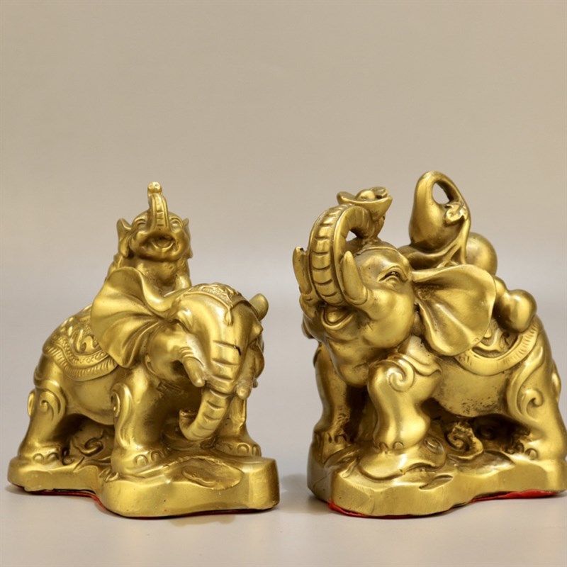旺财纳福铜大象摆件一家四口元宝葫芦福字铜N象招财聚财桌面工艺