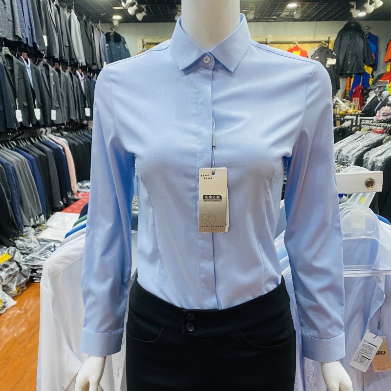女士长袖蓝色细方格衬衫免烫竹纤维防走光弹力面试V上班职业工作