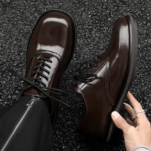 棕色皮鞋男款高级感小众德比鞋方头情侣圆头内增高婚Y礼结婚新郎