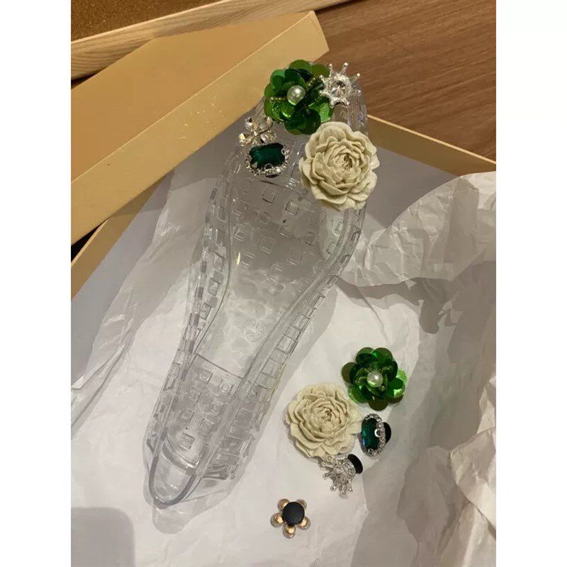 夏季韩国水晶鞋镂空果冻鞋浅口y单鞋透明方头凉鞋DIY洋派质丝巾款