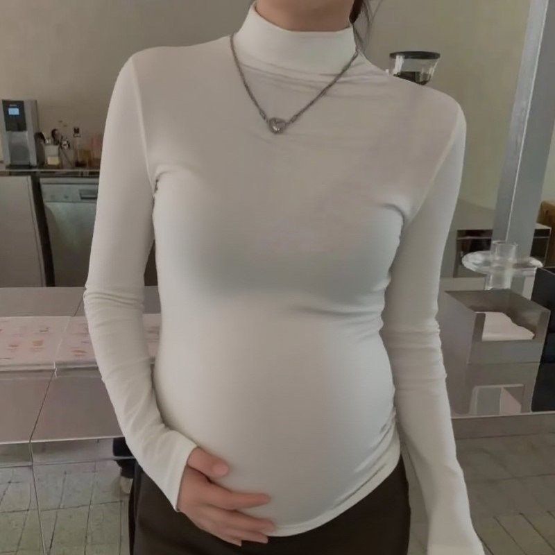 小个子孕妇装2025早秋新款纯色叠穿款半高领五分袖T恤长袖打底衫