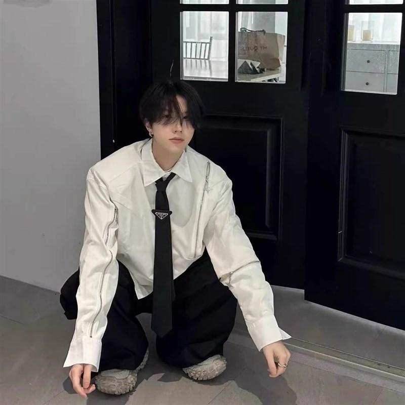 美式小众不规则设计感衬衫男长袖韩版金属拉链开衫宽松白色衬衫潮