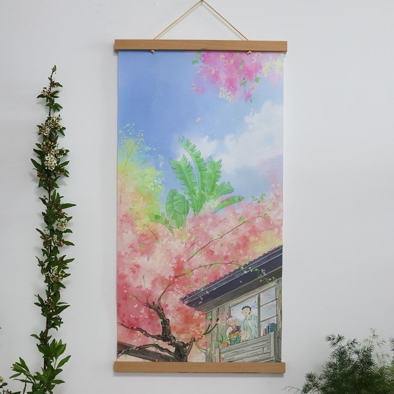 喵9蓬莱岛手绘插画木轴挂画可z定制画面客厅装饰房间装饰卧室装饰