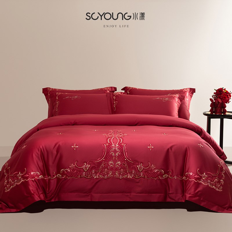 欧式100S长绒棉结婚四件套红色纯棉全棉床单刺绣被套婚庆床上用品