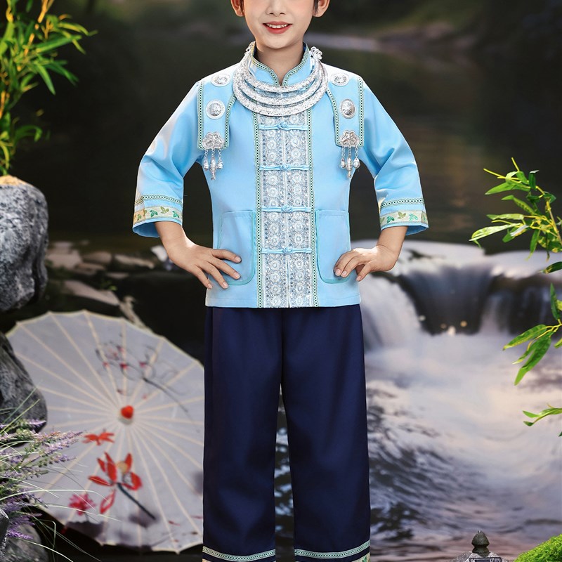 新款广西壮族三i月三民族服装儿童少数民族男童壮服苗族表演服套