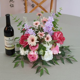 圆形酒店餐桌中间摆花餐厅圆桌桌花空调茶几装 饰花艺桌面摆件假花