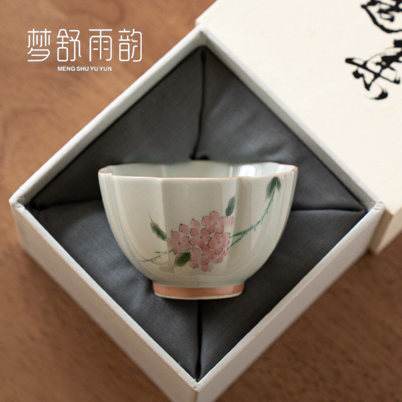 仿古青手绘绣球花海棠主人杯单杯功夫茶具R茶杯单个茗杯陶瓷