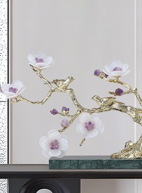 迎客松摆件天然水晶石花喜上枝头客厅玄关简约新居乔迁软装饰品