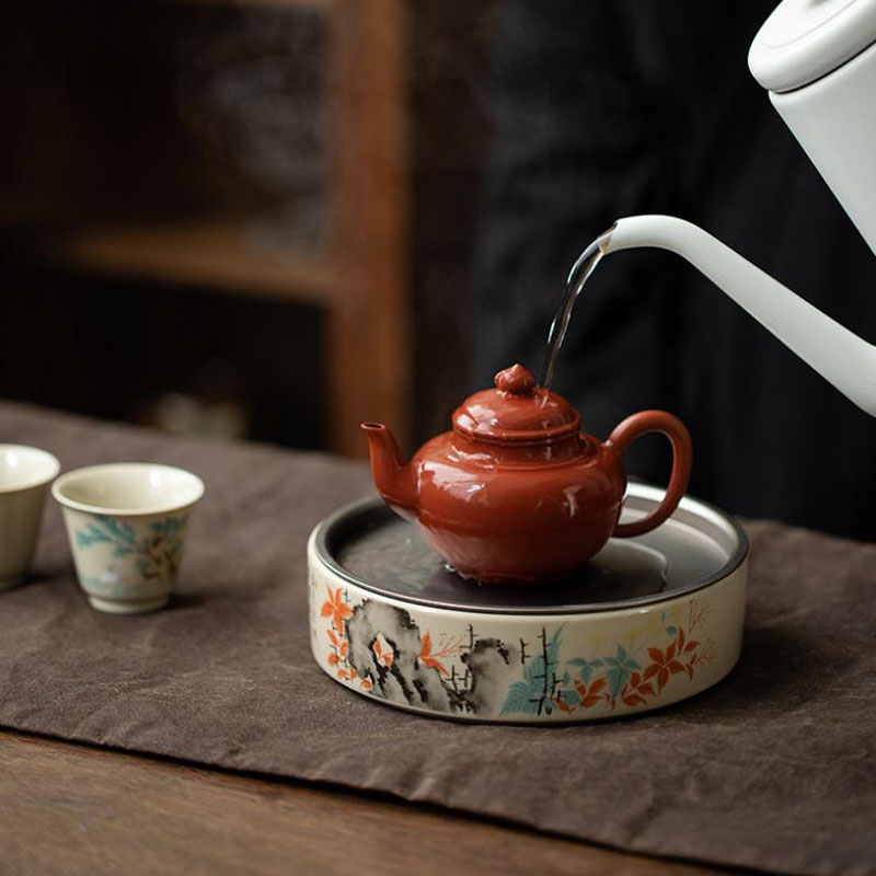 锡盖陶瓷蓄水茶盘功夫茶s具工笔画花鸟双层简约彩绘壶承干泡茶台